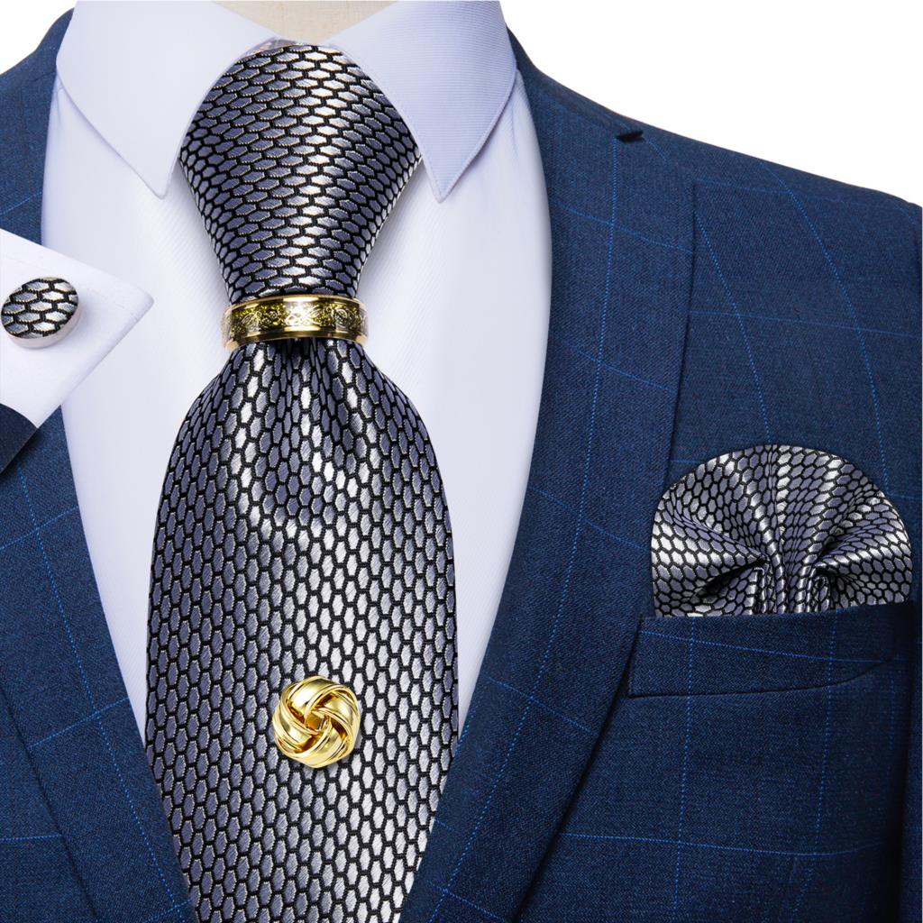 Cufflinks Silver Set - シルバーブラックシルクチェックのウェディングアクセサリー,8cm,ポケット付きスクエアネクタイ,メンズラウンドネクタイ,ギフト