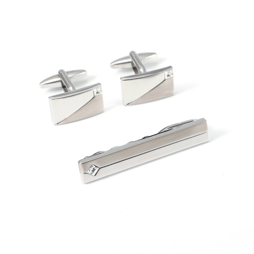 Cufflinks Silver Set - シンプルな幾何学模様のダイヤモンドスタッズ付きカフスボタンとタイクリップセット メンズシルバービジネスドレスカフスボタン 職場用アクセサリー ギフト
