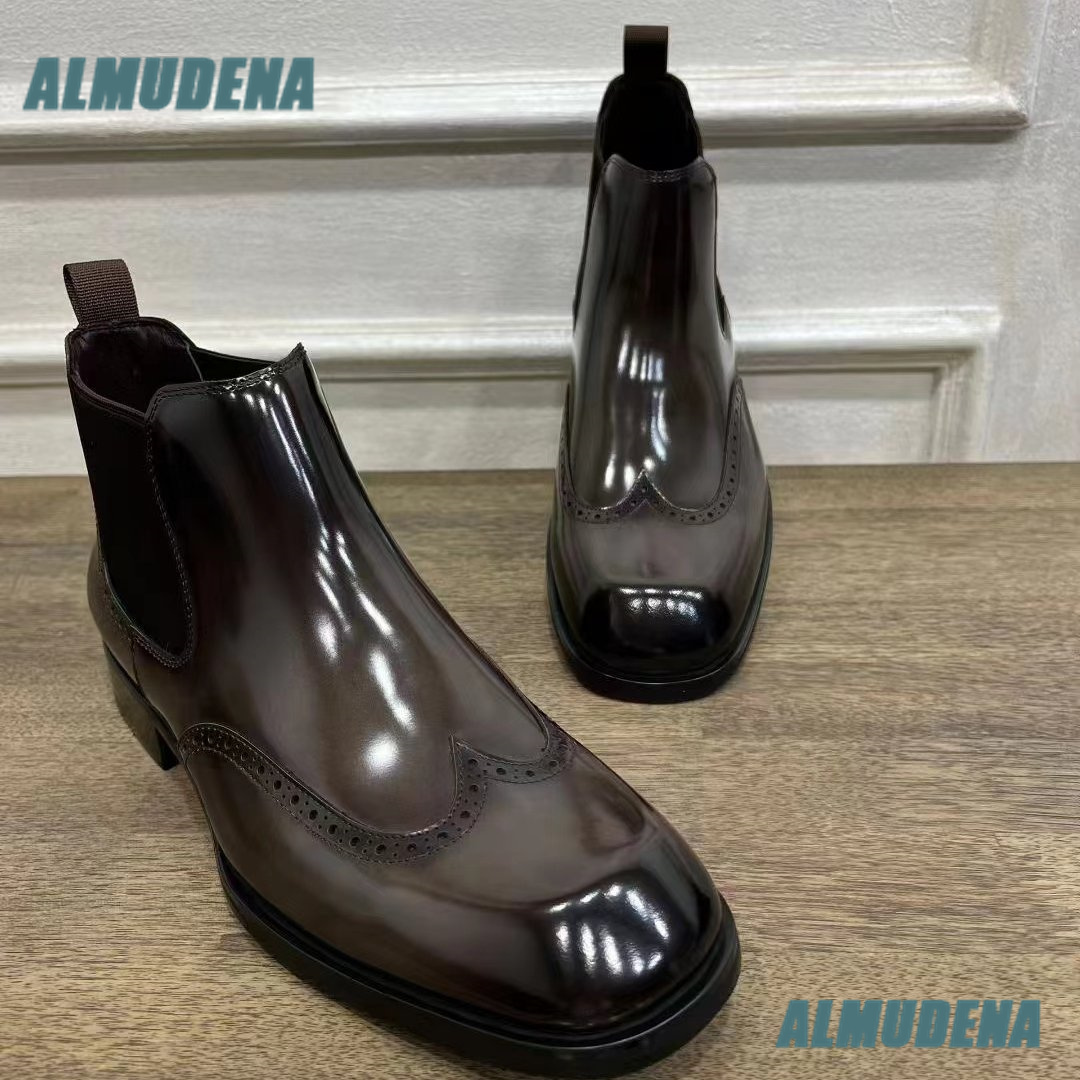 Men'S Formal Style - メンズブラウン光沢ブローグチェルシーブーツ、ゴムバンドスリップオン、スクエアトゥ、彫刻入りレザー、フォーマルドレスブーツ、秋のメンズブーツ