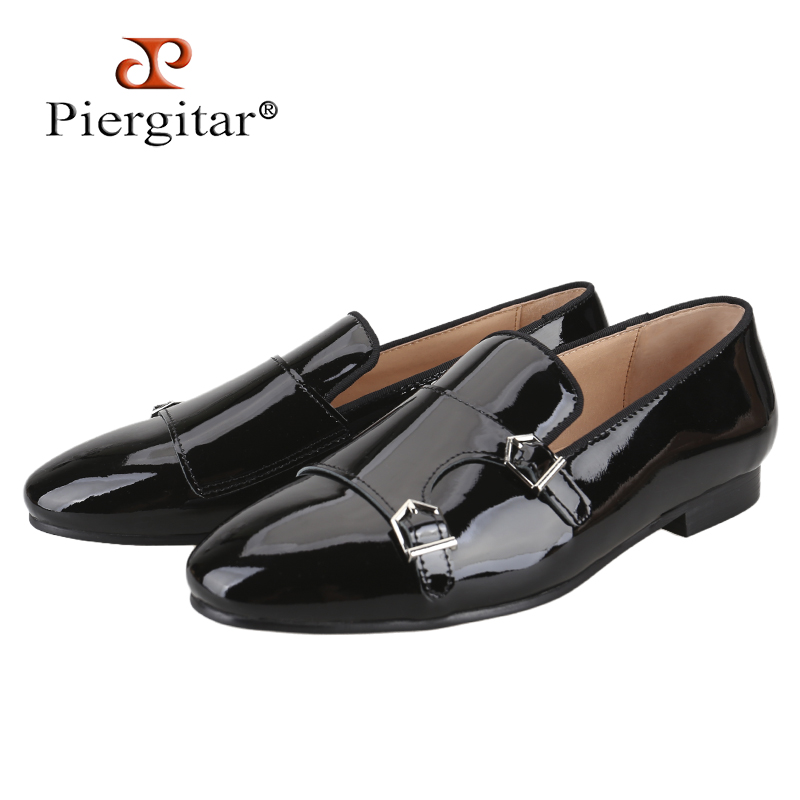 Men Formal Wear Fashion - Piergitar 新ブラックカラーパテントレザーメンズダブルモンクシューズファッションパーティー/ショーフォーマルウェアスリッポンローファープラスサイズ