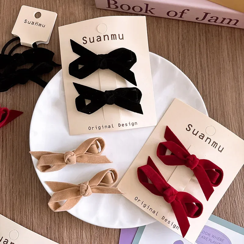 Tie Bar Clip - 2 ピース/セット韓国ベルベットの髪の弓セット子供女の子プリンセスかわいいエレガントなバレッタヘアネクタイオールマッチ子供ヘアアクセサリー