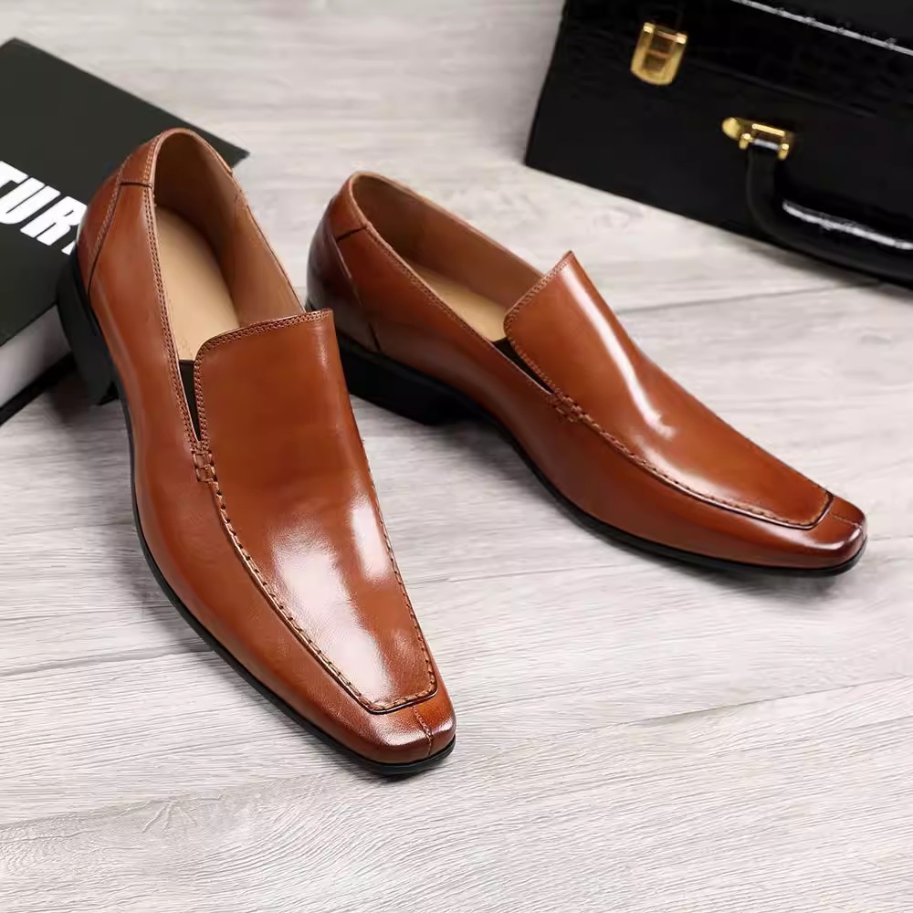 Men'S Formal Style - 和風尖頭革靴厚底ビジネスドレススクエアトゥローファー男性スリッポンソリッドカラーフォーマル革靴