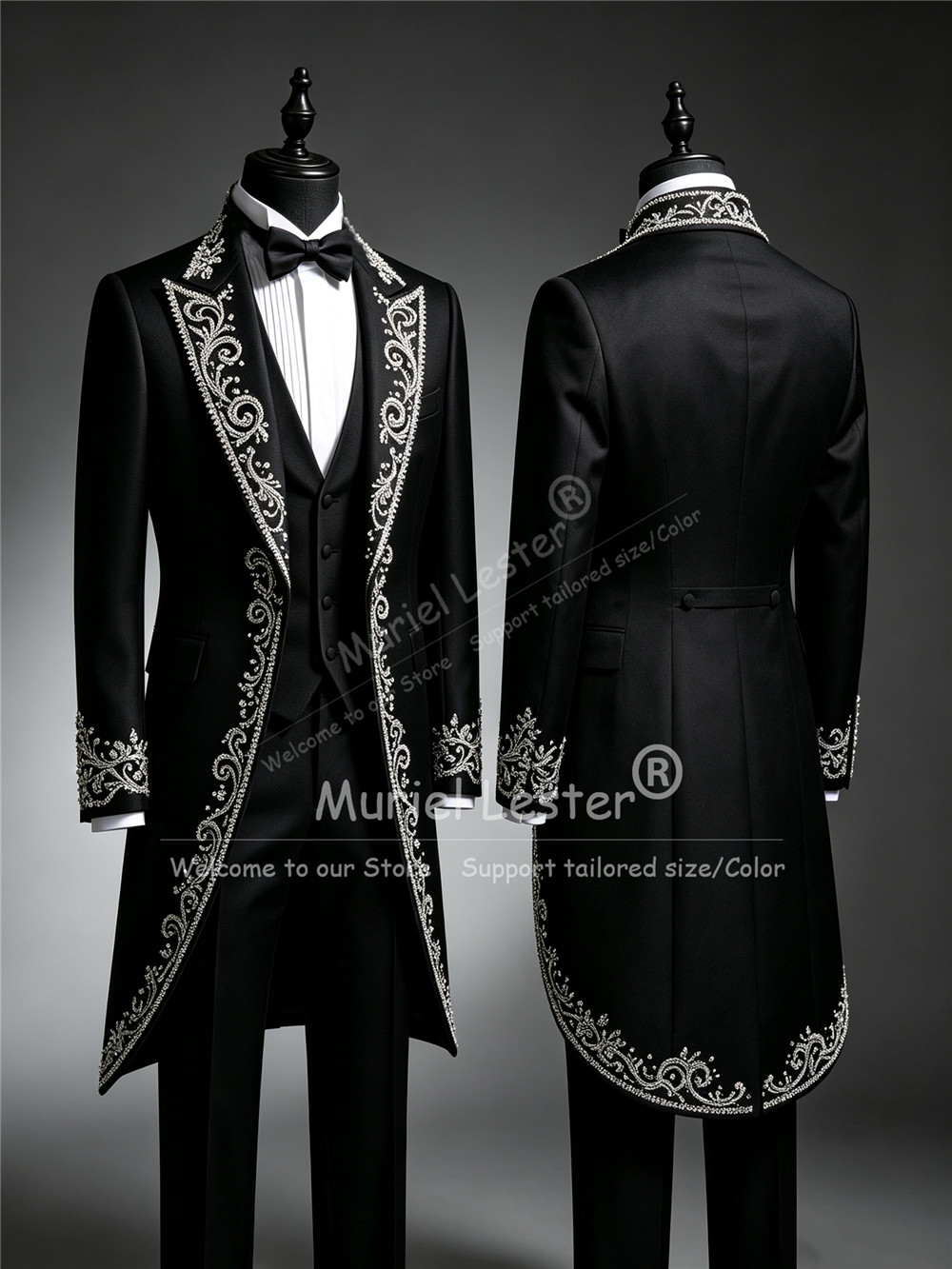 Men Formal Wear Clothes - 男性用ブリリアントクリスタルビーズタキシードスーツ、ウェディング用カスタムシングルブレストロングプロムブレザー、新郎用パーティーウェア3点セット