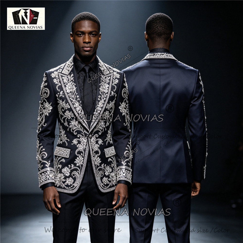 Men Formal Wear Clothes - キラキラ輝くダイヤモンドビーズ装飾のメンズスーツ 3ピース シングルブレスト グルームフォーマルウェア タキシード スリムフィット