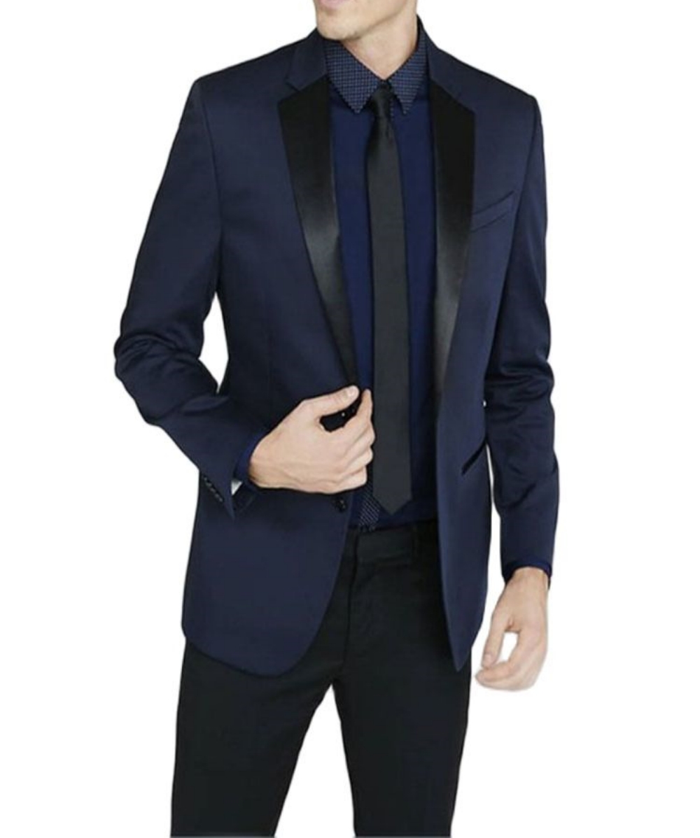 Men Formal Wear With Tie - 最新の付添人ノッチブラックラペル新郎タキシードセンターベントメンズスーツ結婚式パーティー着用 (ネイビーブルージャケット + 黒パンツ + ネクタイ)