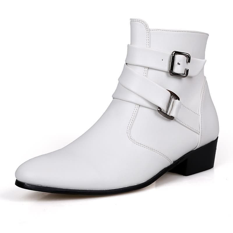 Men'S Formal Style - 高級メンズブーツレザーチェルシーブーツハイトップバックルストラップフォーマルシューズブラック英国スタイルアンクルブーツポインテッドトゥホワイトブーツ