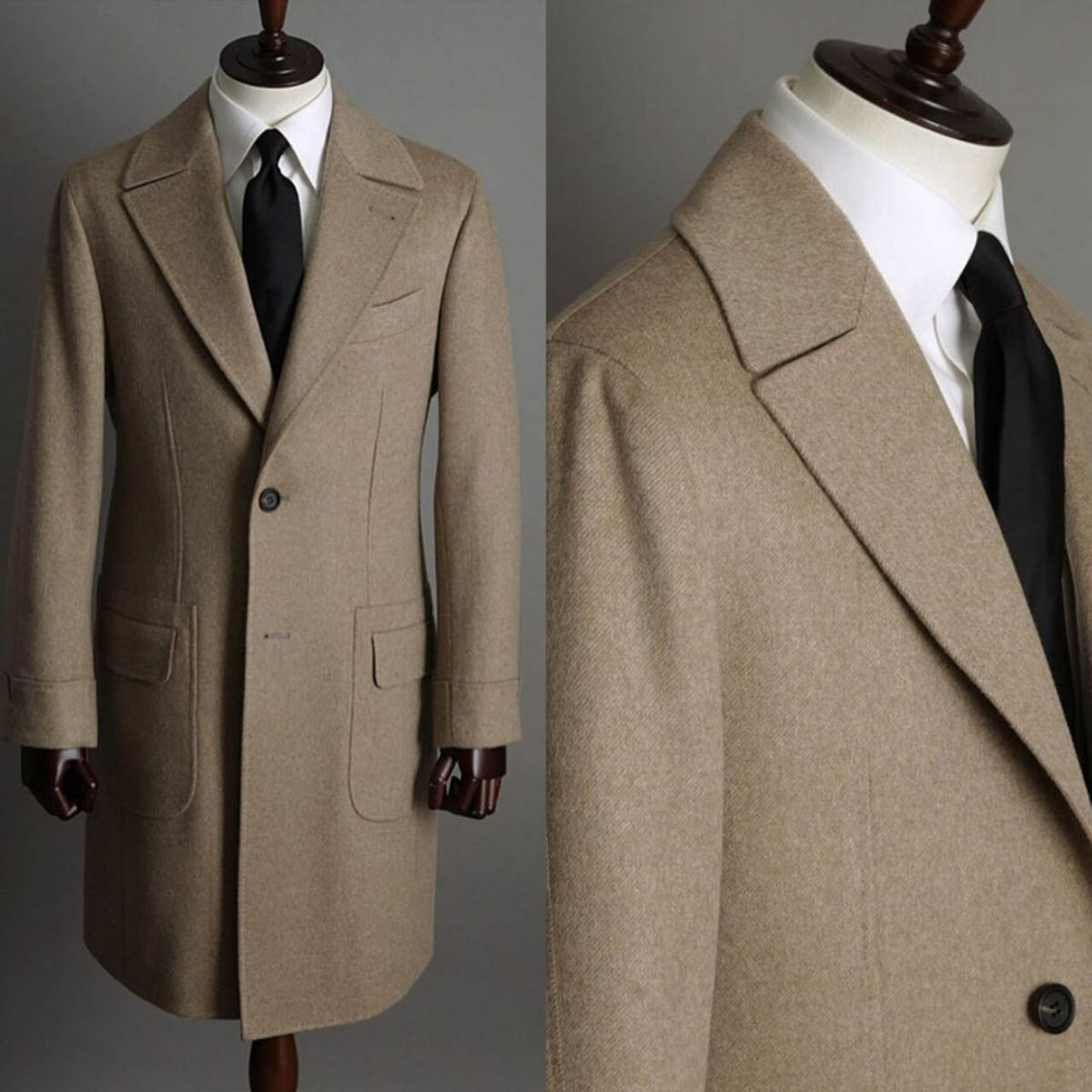 Khaki Formal Wear Men - カーキ色のヴィンテージ風メンズコート。フォーマルなビジネスシーンや、新郎の衣装として最適なツイード素材のピークドラペルジャケット。オーダーメイド。