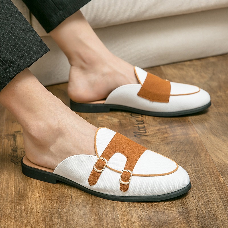 Men'S Formal Style - メンズキャンバスミュールハーフシューズ、英国風フォーマルオフィスローファー、高級デザイナーズメンズドレスシューズ、ダブルモンクストラップシューズスリッパ