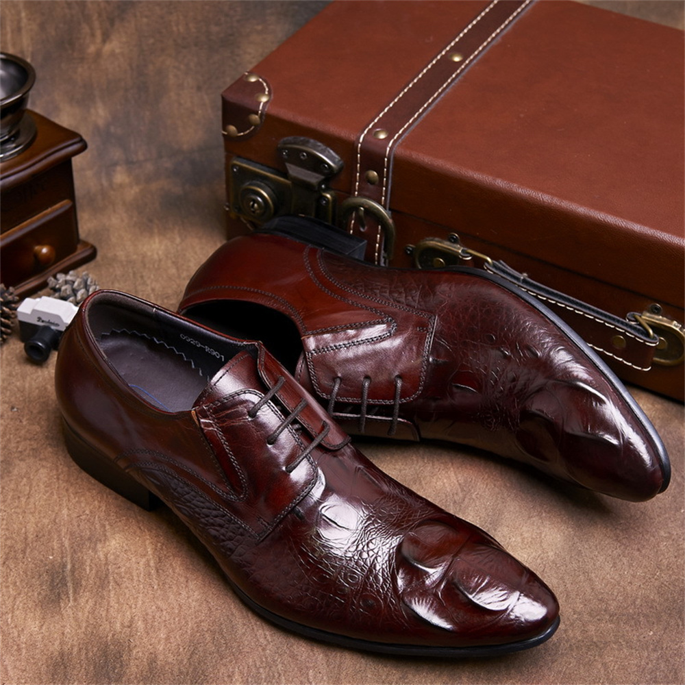 Men'S Formal Style - 牛革型押しクロコダイル柄ブリティッシュスタイルメンズポインテッドトゥレザーシューズ本革レースアップビジネスフォーマルシューズ