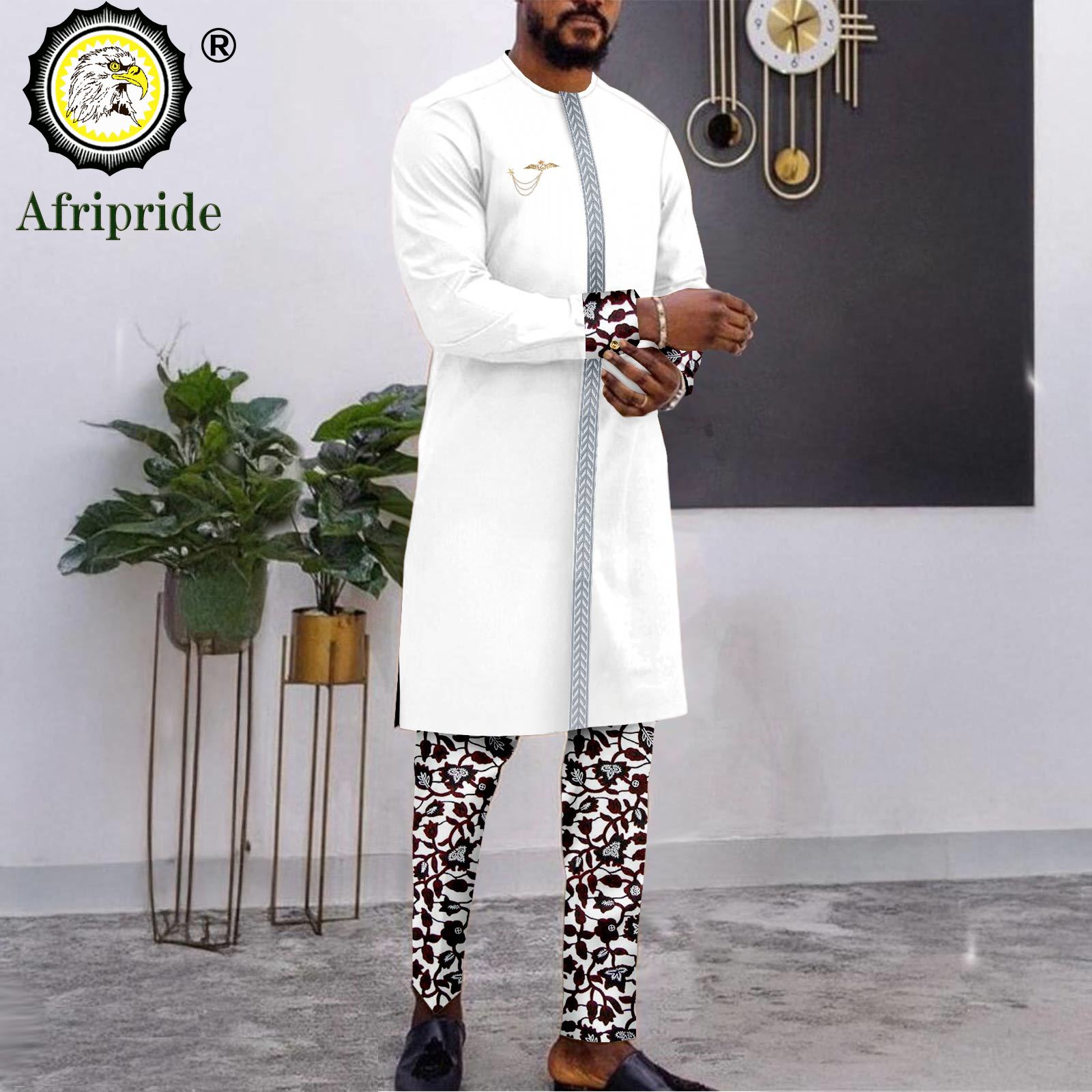Men Formal Wear Clothes - 男性用アフリカンウェア,ブローチ刺embroidery,長袖シャツとプリントパンツのセット,ダシキ衣装,カジュアルウェア,ラージサイズ,2416124
