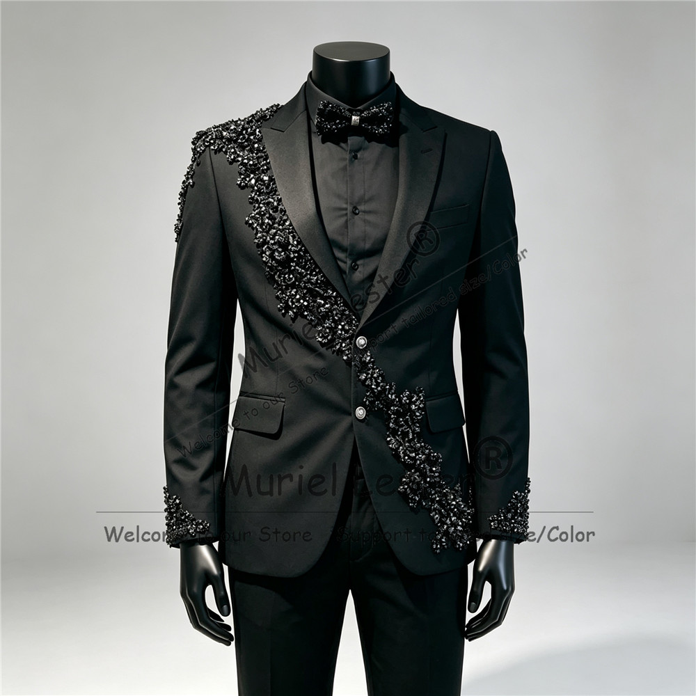 Men Formal Wear Clothes - 高級感あふれるダイヤモンドビーズ装飾のスーツセット。男性用、結婚式に最適。シングルブレストのジャケットとパンツの2点セット。新郎向けのフォーマルウェア、タキシード。