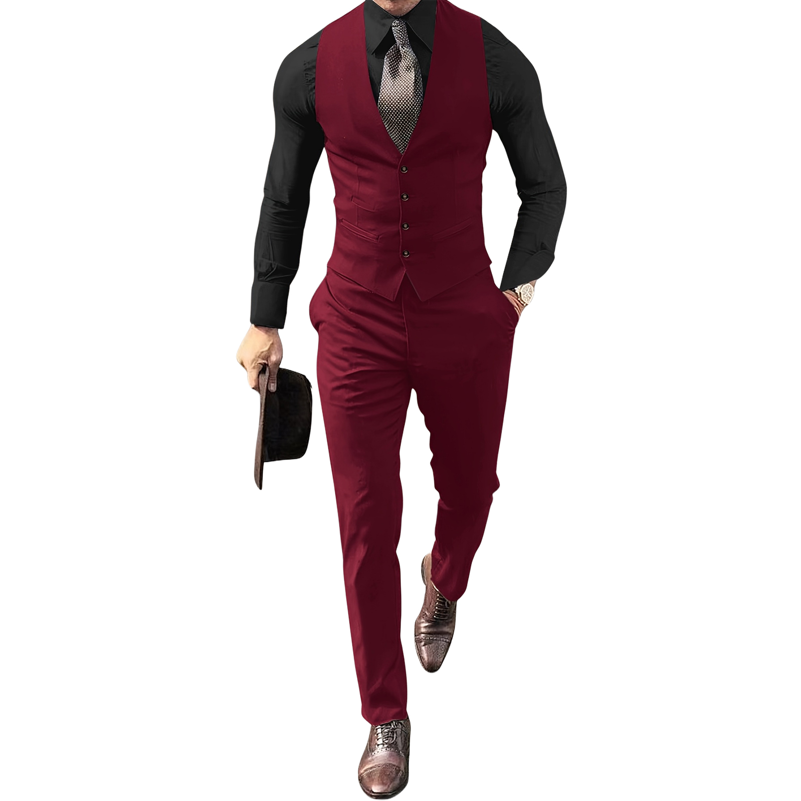 メンズ バーガンディ 2ピース ベストスーツ レギュラーフィ - Men Formal Wear Outfits のレビューと価格