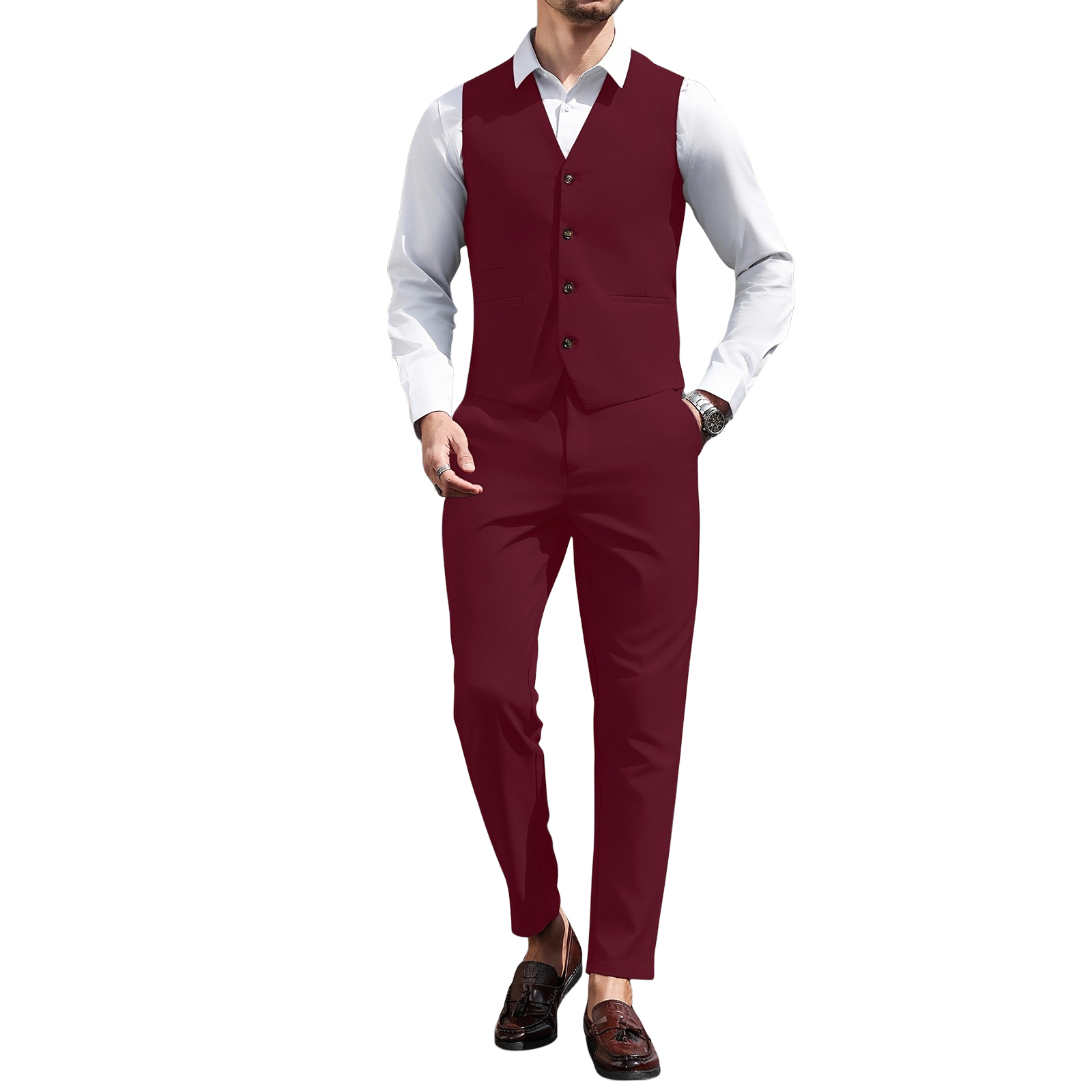 メンズ バーガンディ 2ピース ベストスーツ レギュラーフィ - Men Formal Wear Outfits のレビューと価格