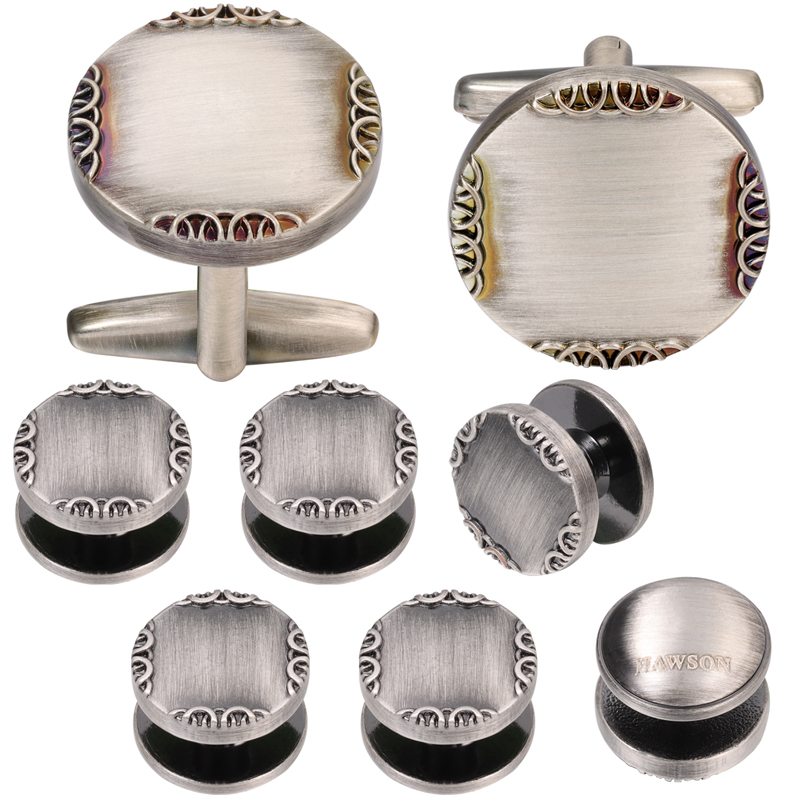 男性用のアンティークシルバーカラーのカフリンクスとスタッド, - Cufflinks Silver Set のレビューと価格