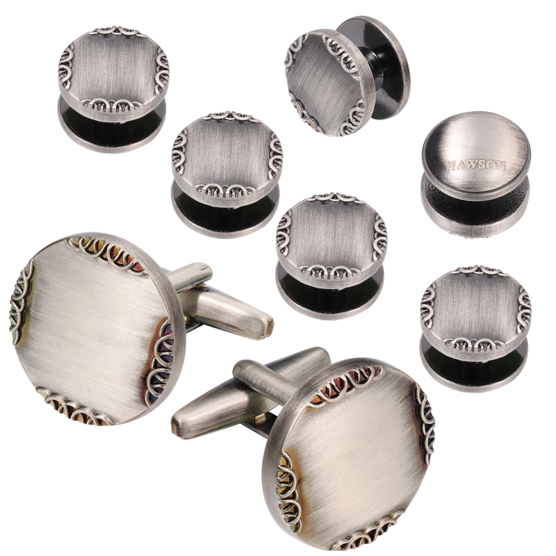 男性用のアンティークシルバーカラーのカフリンクスとスタッド, - Cufflinks Silver Set のレビューと価格