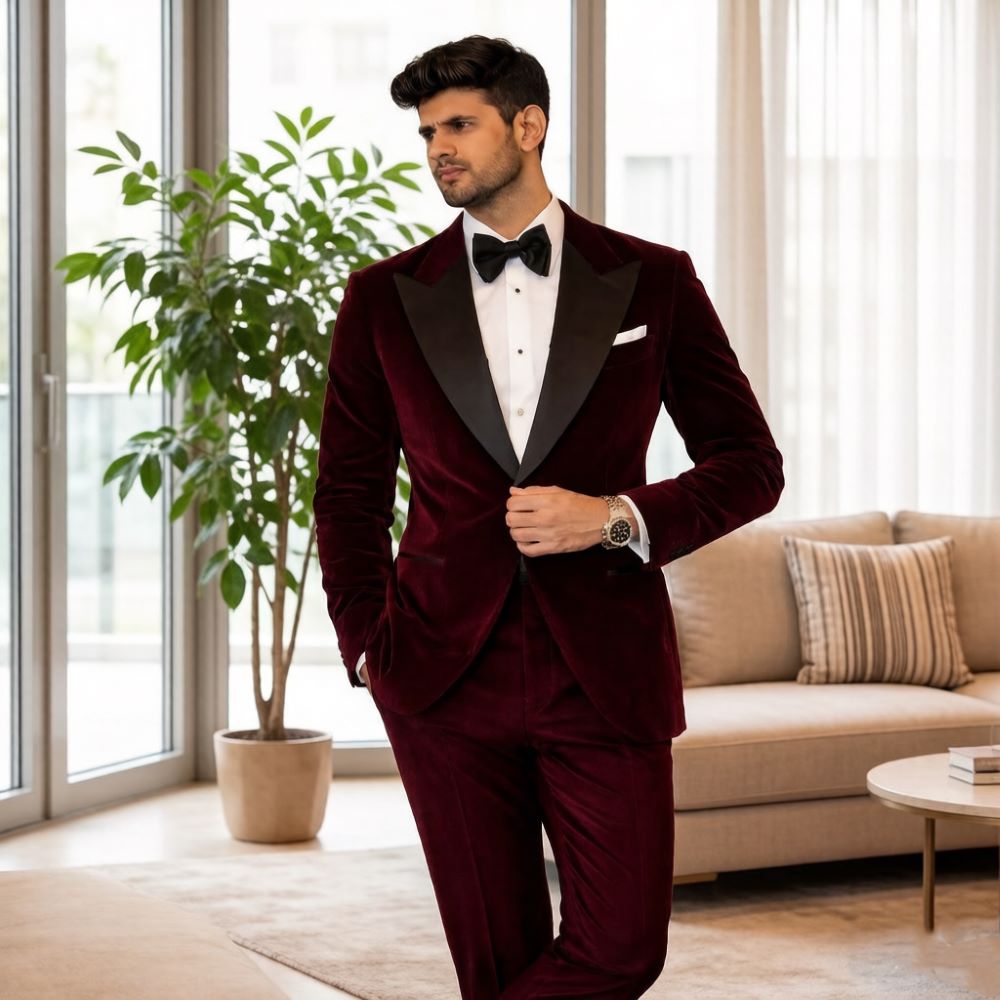 メンズベルベットスーツ スリムフィット 2ピース カスタムウ - Men Formal Wear Fashion のレビューと価格