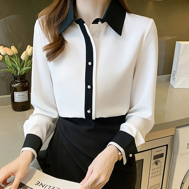 女性用ホワイトシフォンシャツ韓国シックなシングルブレストコン - Men'S Formal Style のレビューと価格