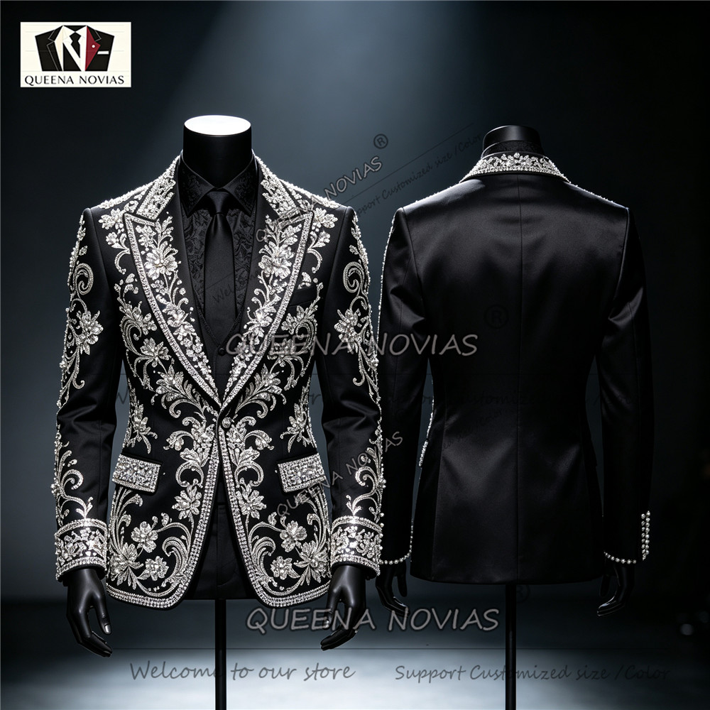 キラキラ輝くダイヤモンドビーズ装飾のメンズスーツ 3ピース  - Men Formal Wear Clothes のレビューと価格