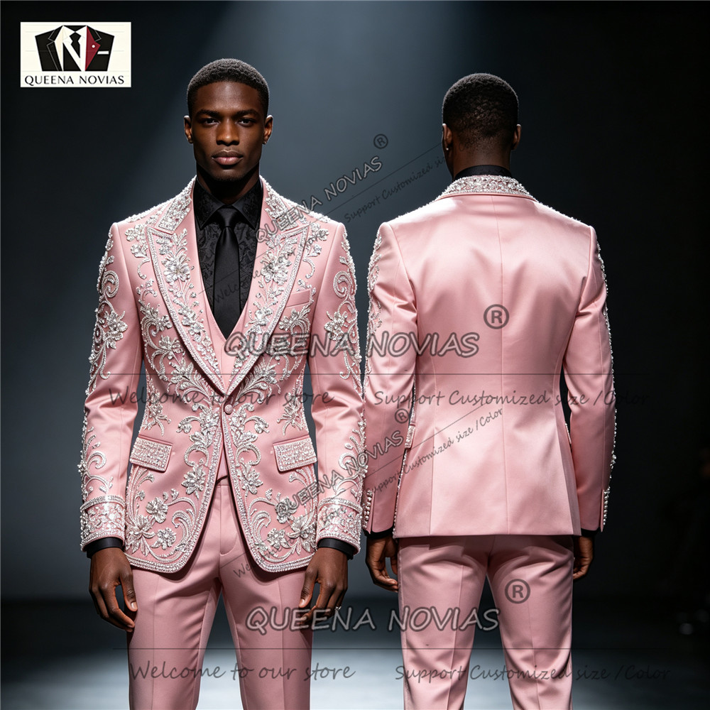 キラキラ輝くダイヤモンドビーズ装飾のメンズスーツ 3ピース  - Men Formal Wear Clothes のレビューと価格