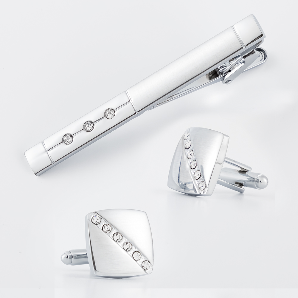 メンズファッション ダイヤモンドシルバー カフスボタンとタイ - Cufflinks Silver Set のレビューと価格