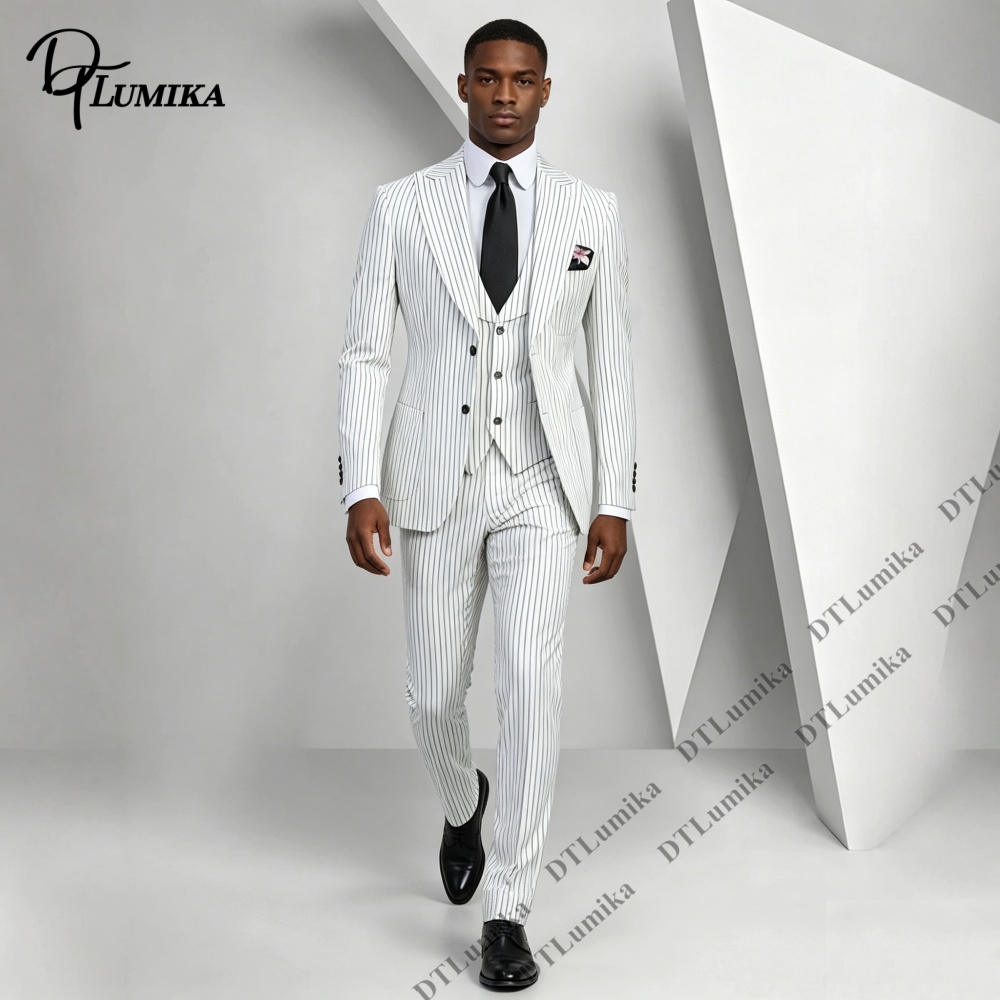 メンズクラシックピンストライプスーツ 3ピース ホワイトブラ - Men Formal Wear Outfits のレビューと価格