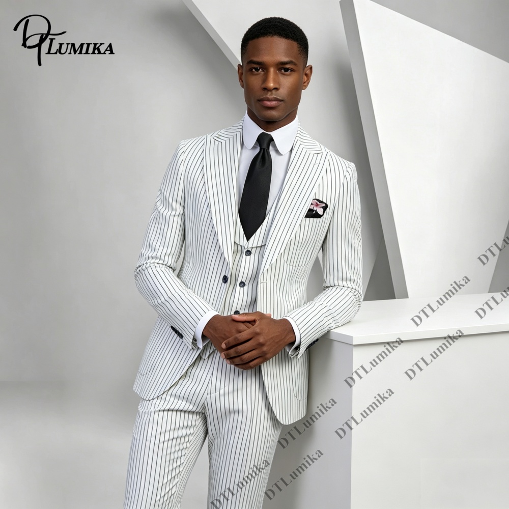 メンズクラシックピンストライプスーツ 3ピース ホワイトブラ - Men Formal Wear Outfits のレビューと価格