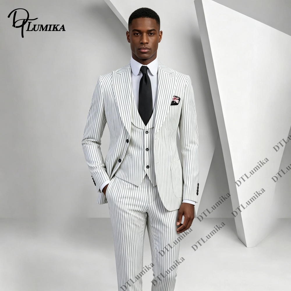 メンズクラシックピンストライプスーツ 3ピース ホワイトブラ - Men Formal Wear Outfits のレビューと価格