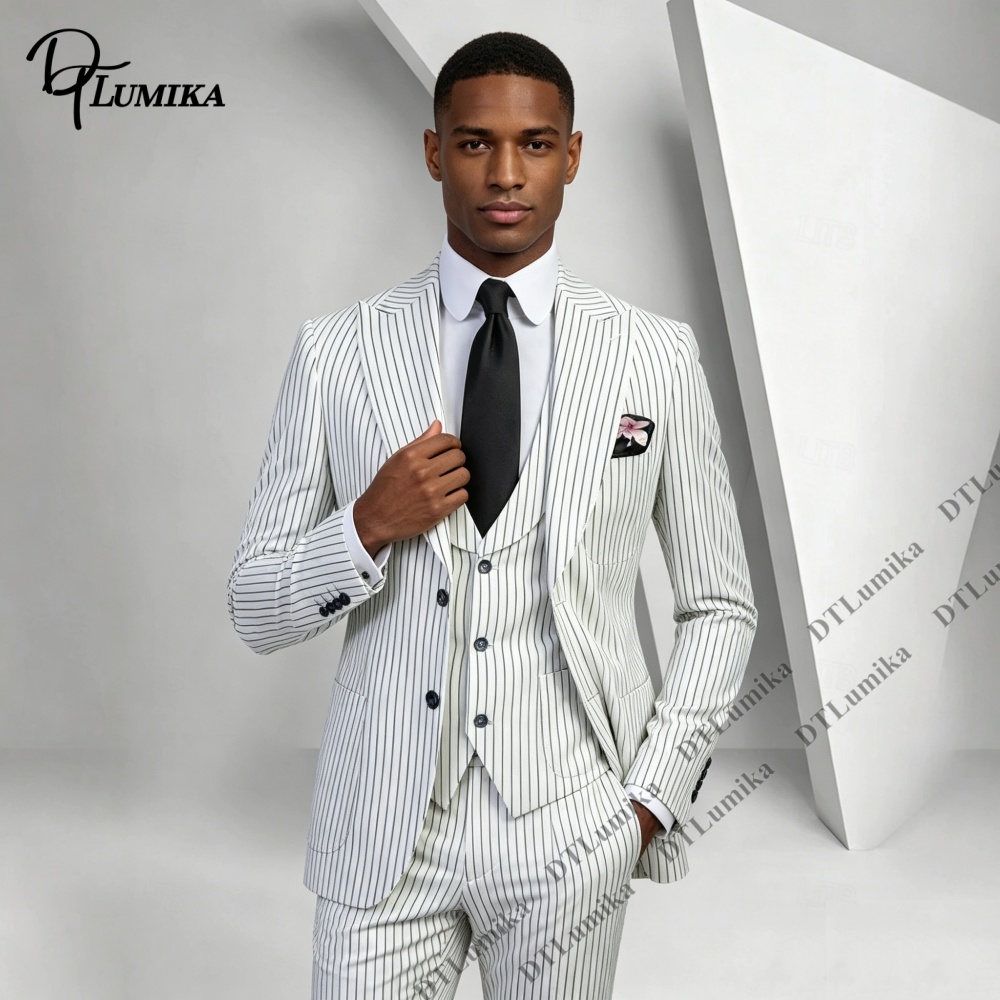 メンズクラシックピンストライプスーツ 3ピース ホワイトブラ - Men Formal Wear Outfits のレビューと価格